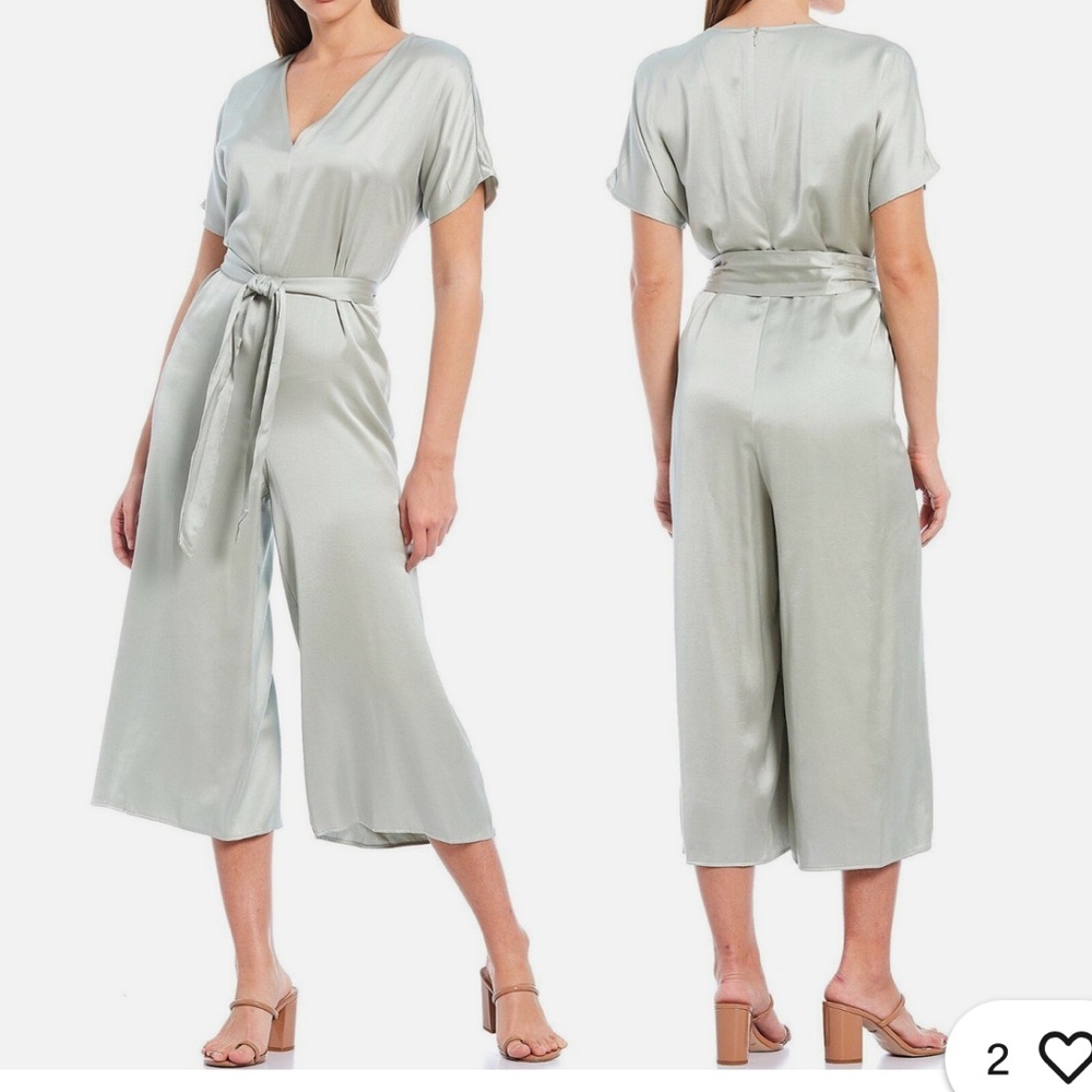 GIANNI BINI Satin JUMPSUIT Tie Front Short Sleeve Wide Leg Sage